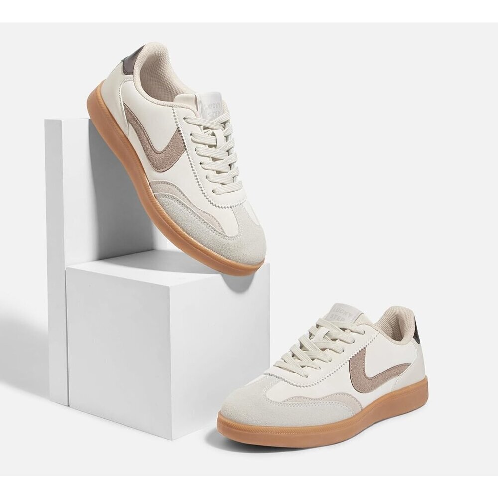 🆕Women's  Beige - Grey Retro Fashion Sneakers Classic Casual Walking Shoes - Picture 5 of 6